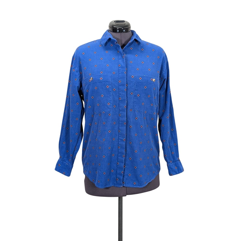 Diane Von Furstenberg Women's Medium Blue Corduroy Print Button Shirt Casual